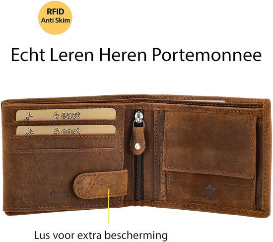 Bruine leren heren portemonnee, open, met RFID Anti Skim en een lus voor extra bescherming.