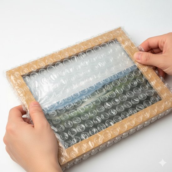 Een houten fotolijst met een afbeelding, verpakt in noppenfolie, vastgehouden door twee handen.