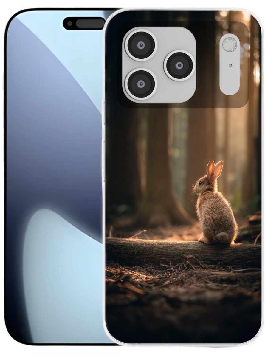 Telefoonhoesje Geschikt voor iPhone 17 Pro hoesje - Konijn - Bos - Zonnestralen - Siliconen Telefoonhoesje Telefoonhoesje
