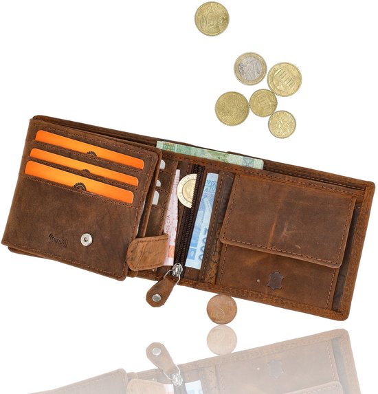 Bruine portemonnee van leer, open met kaarten, bankbiljetten en losse munten.