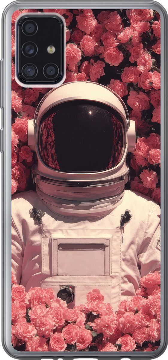 Telefoonhoesje Geschikt voor Samsung Galaxy A52 5G hoesje - Bloemen - Roze - Astronaut - Siliconen Telefoonhoesje Telefoonhoesje