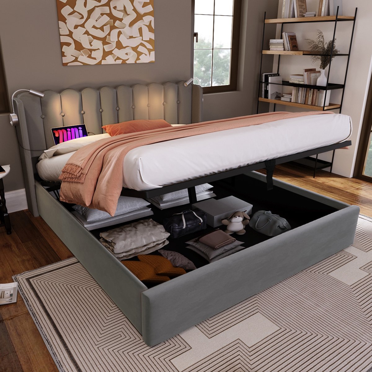 Tweepersoonsbed 160x200 - Grijs fluweel - 300 kg draagvermogen - Lattenbodem - Leeslampjes
