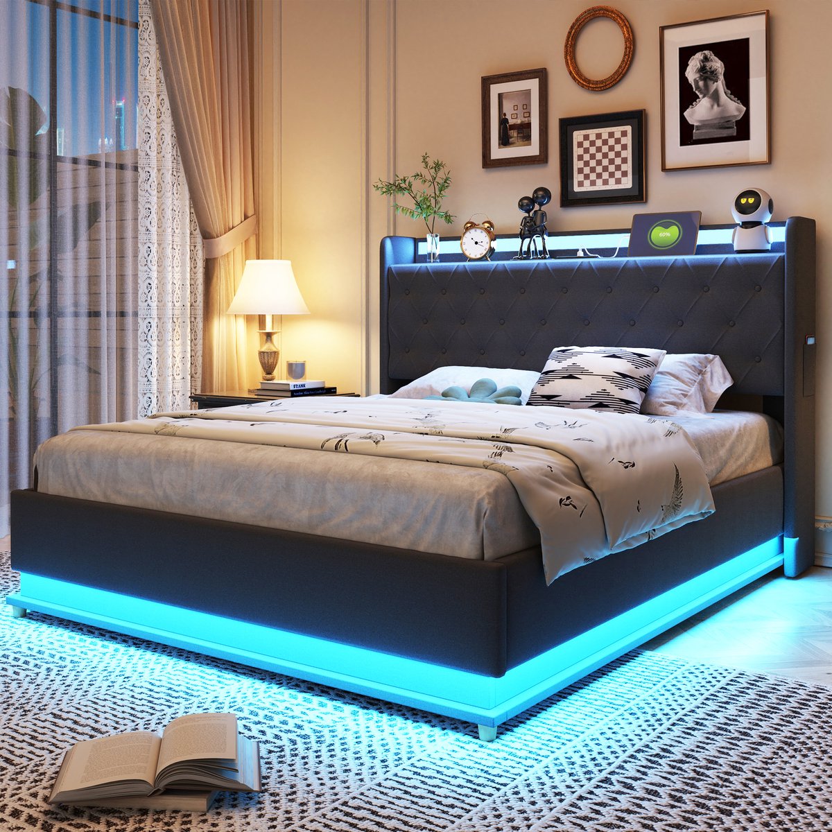 Bed 140x200 cm - Beige/Grijs - 300 kg Belastbaarheid - 12 Latten - MEERKLEURIGE LED-VERLICHTING - USB-Oplaadpoort - HYDRAULISCHE OPSLAGFUNCTIE