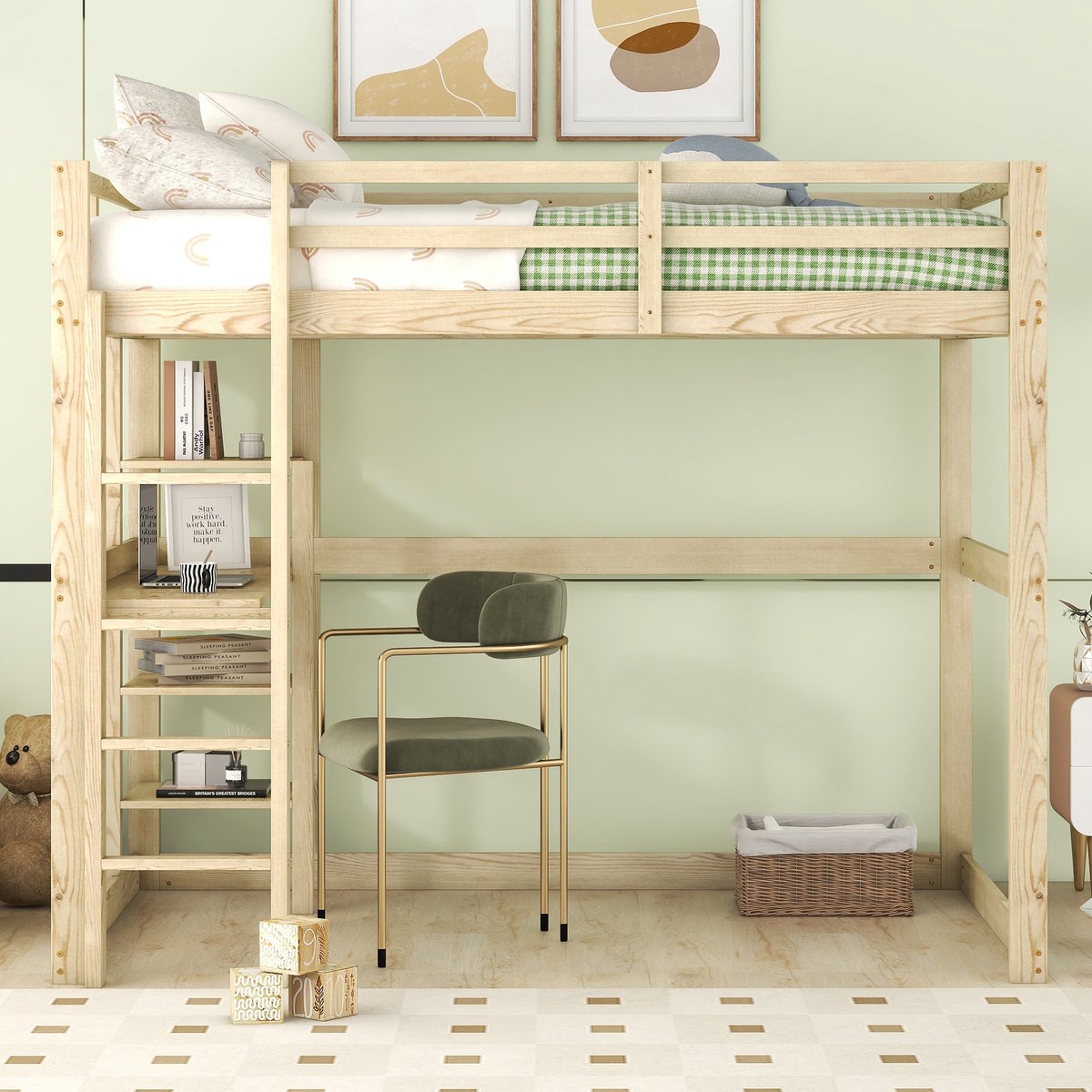 Kinderbed 140x200 cm - Grenenhout + Lattenbodem - Bureau + 4 Opbergplanken - Veel Opbergruimte - Eenvoudig Design - Duurzame Constructie - Optimaal Comfort