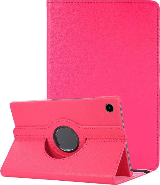 Étui pour tablette rose foncé en mode fermé et debout avec support rotatif à 360 degrés.