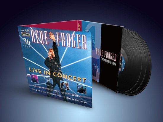 René Froger Live In Concert 3-LP Special Edition met 36 nummers, met René Froger die op het podium zingt.