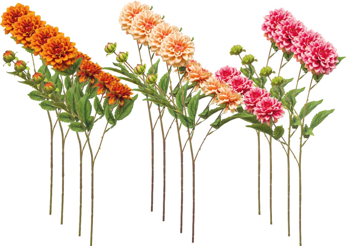 Emerald Kunstbloem Dahlia mini 68cm - Set van 12 - Kunstplant voor binnen Oranje, Peach & Roze - Set van 12