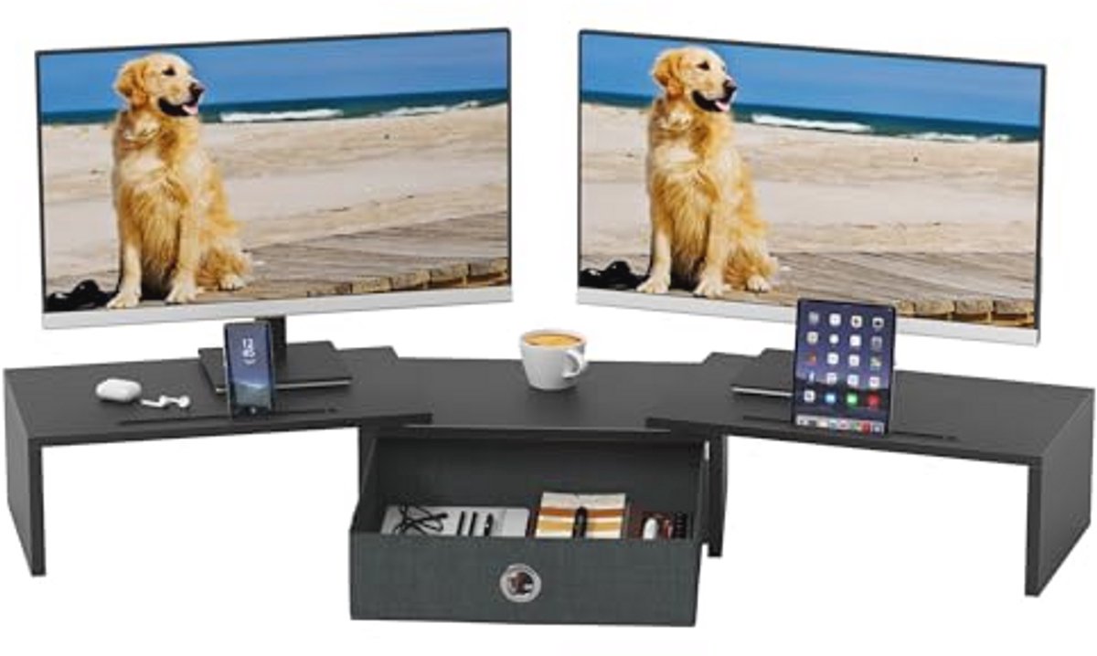 Monitorverhoger met Lade voor Dubbele Monitoren - Ergonomische Houten Bureau Stand voor PC en TV