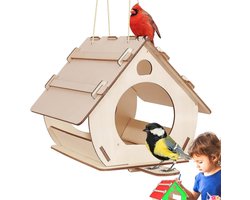 Voederhuis van hout voor hangende vogelhuisjes - voor schilderen - voederdispenser voor kleine vogels - nestkasten - vogelhuisjes - voederhuisje hangend (22 x 14 x 18 cm)