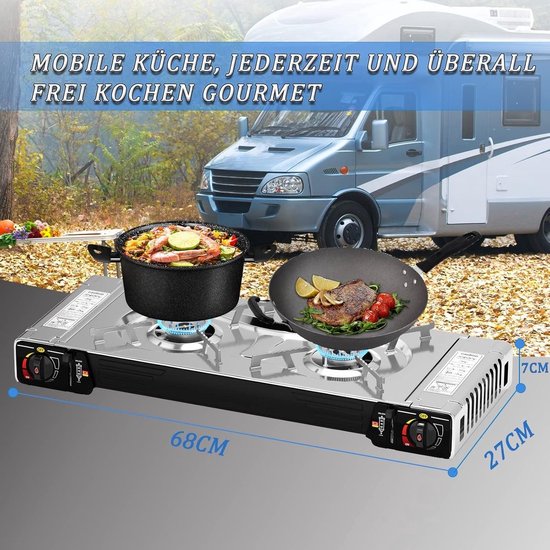 Kampeer Kooktoestel 2-Pits – Draagbaar Gasstel – Camping Kookplaat – Elektronische Ontsteking – Sterk en Betrouwbaar –Gemakkelijk te Gebruiken- Dubbele Branders – Buiten Koken – RVS – Zilverkleurig –Met 4 Gratis Gasvullingen — afbeelding 3
