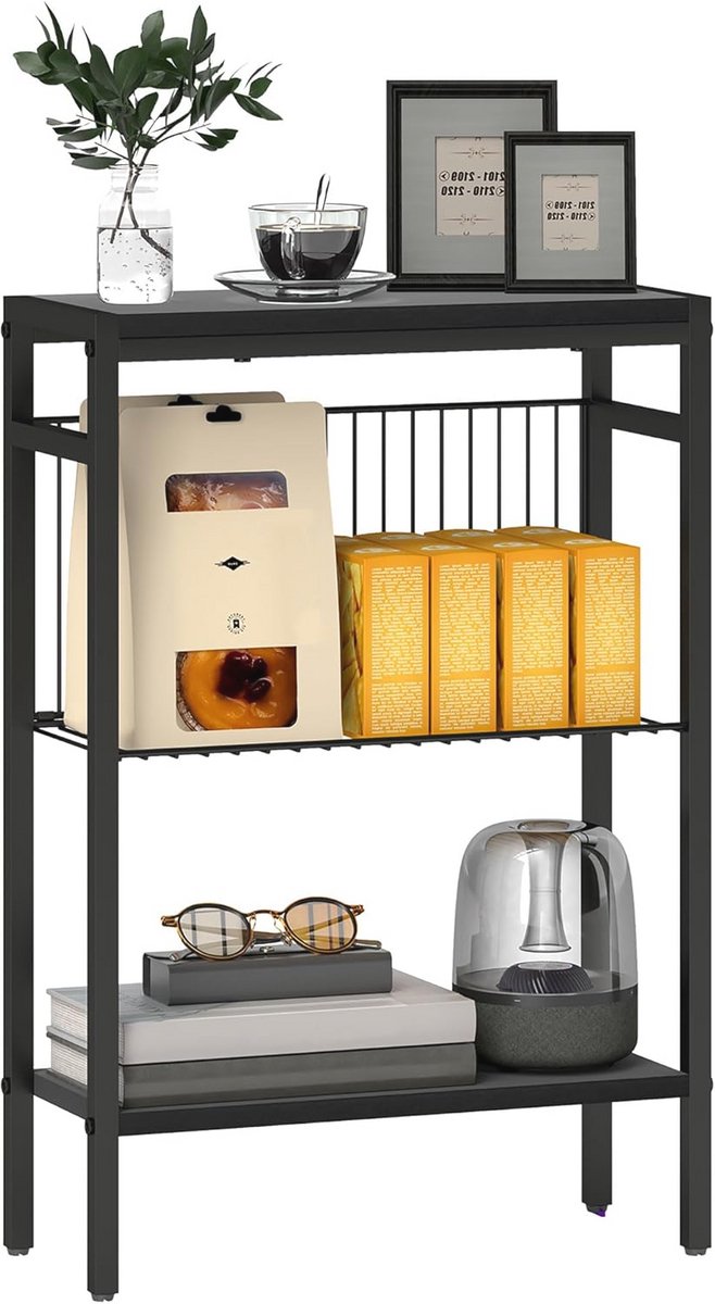 Bijzettafel met 3 Laags Opbergruimte - Stalen Frame en Compact Ontwerp voor Woonkamer en Slaapkamer - Zwart