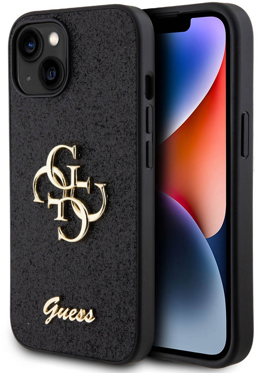 Guess 4G Logo Glitter Back Case - Geschikt voor Apple iPhone 15 (6.1") - Zwart