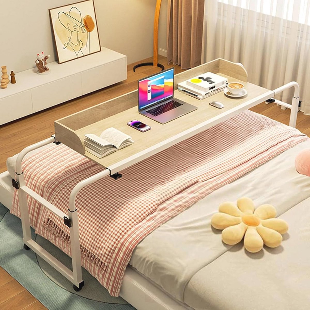 Verstelbare Overbed Laptop Trolley met Wielen - Mobiele Bureau Tafel voor Thuiswerk