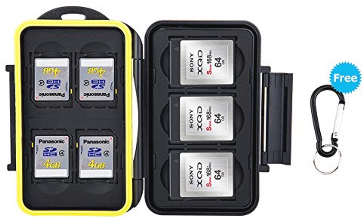 Waterdichte geheugenkaarthouder voor 4 SD en 3 XQD/CFexpress kaarten met karabijnhaak