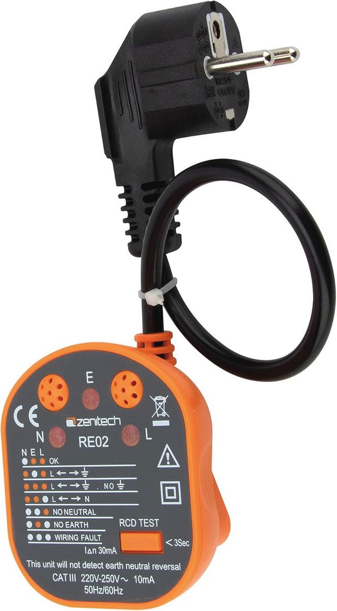 CAT-III Stekkertester en Differentiaaltester - 250 V voor Veiligheidscontrole