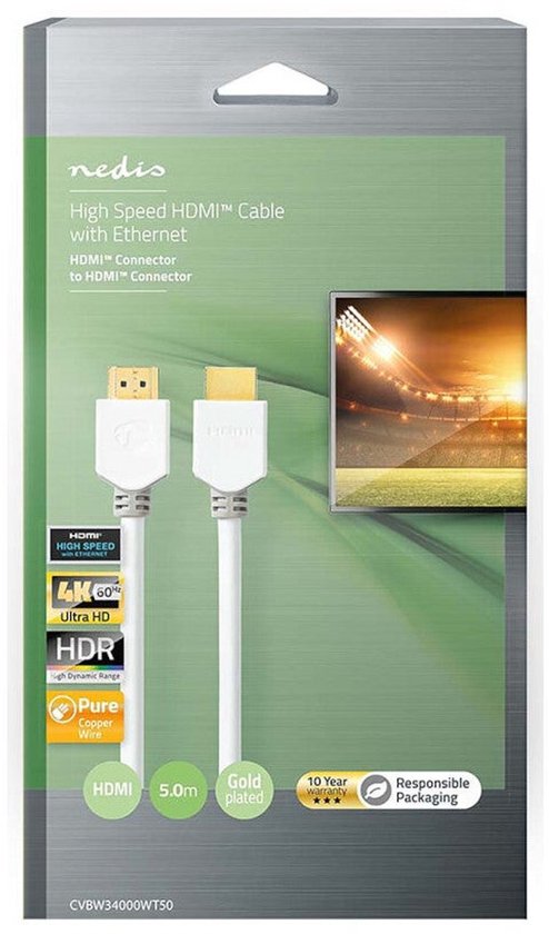 HDMI Connecteur, HDMI Connecteur, 4K@60Hz, ARC, 18 Gbps, 5.00 m, Rond, PVC, Blanc, Boîte