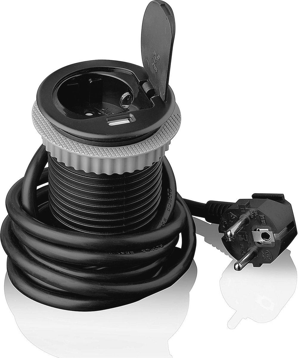 Intrekbaar Stopcontact met USB en 1,8 m Kabel voor Keuken en Kantoor | Inbouwstopcontact 230V AC | IP20 | Max 3600 Watt