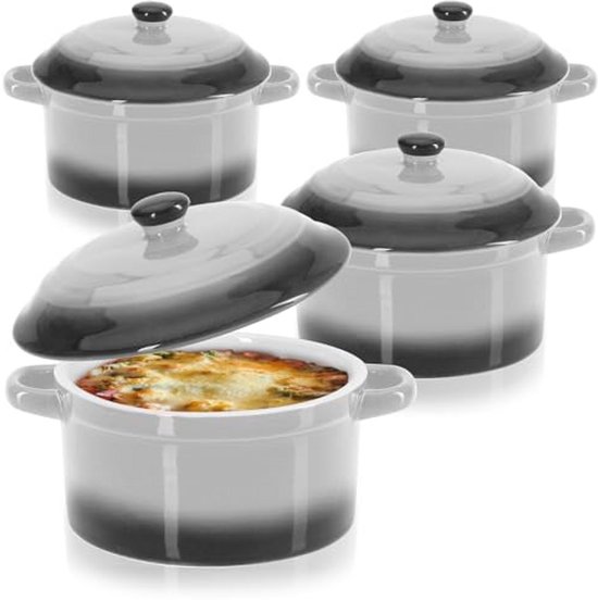 Winter Shore 270 ml Porseleinen Ramekins met Deksels & Handvatten [4 Pak] - Ronde Stapelbare Ovenveilige Ramekins voor Koken - Magnetron, Diepvries & Vaatwasser Bestendig - 4 Kleuren