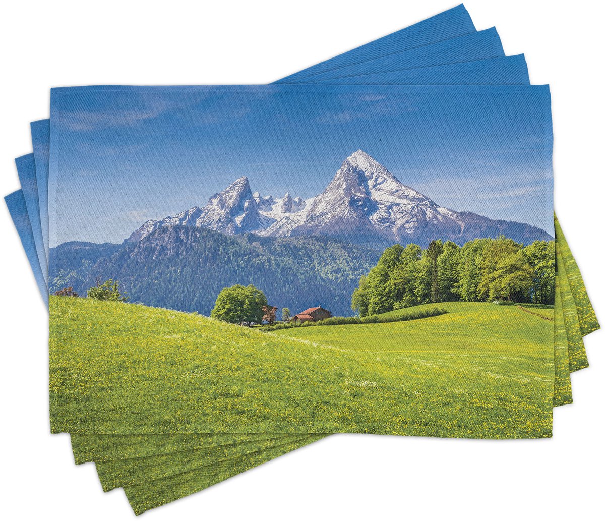 ABAKUHAUS Natuur-placematten, pastoraal landschap in de Alpen met weide en bloemen, Noord-Duitse Heaven-Print, tafeldecoratie van kleurvaste stof voor eetkamer en keuken, groen/blauw