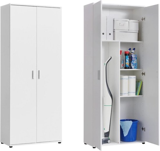 ML-Design multifunctionele kast met 2 deuren en 8 vakken, hout, wit, 80x182,4x37 cm, hoog, modern, universele kast schoonmaakkast stofzuigerkast bezemkast huishoudkast badkamerkast universeel