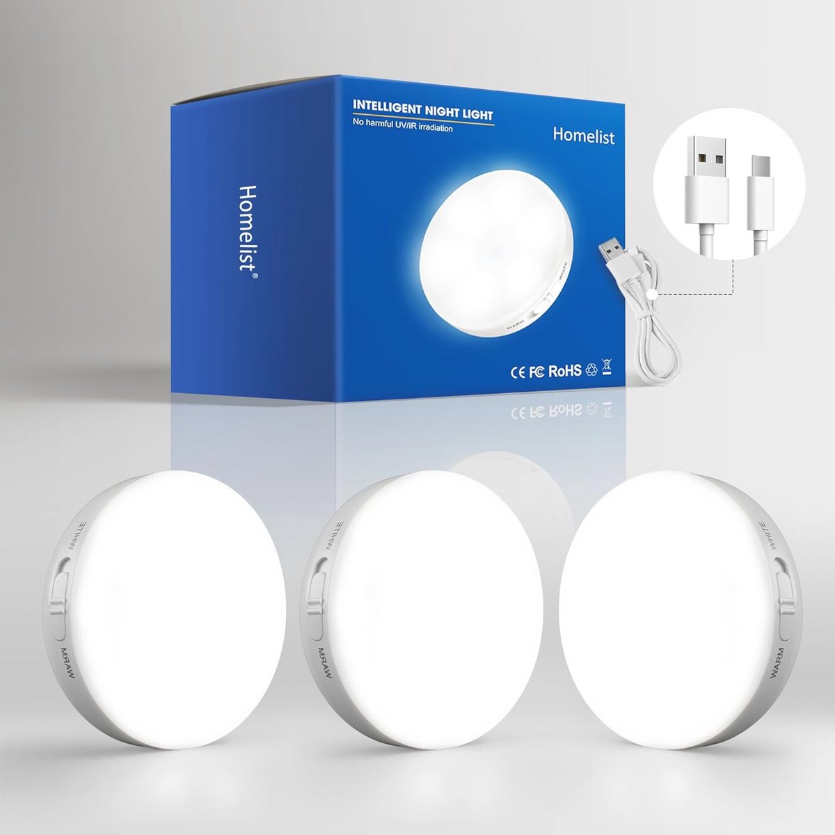 Dimbaar Nachtlampje met Bewegingsmelder - 3 Stuks Oplaadbaar LED Nachtlampje voor Binnen - Perfect voor Trap, Hal, Slaapkamer, Keuken, Kast