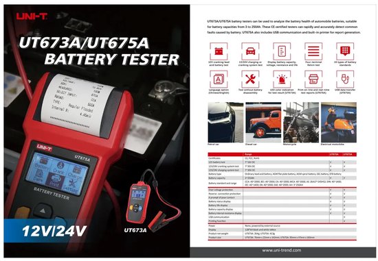 UNI-T UT673A - Accutester voor 12V/24V voertuigen - CCA 40–2000 - AGM/EFB/GEL - Start- & Laadsysteem Diagnose - Batterijconditie, Interne Weerstand - Werkplaatskwaliteit van Merkloos — afbeelding 3