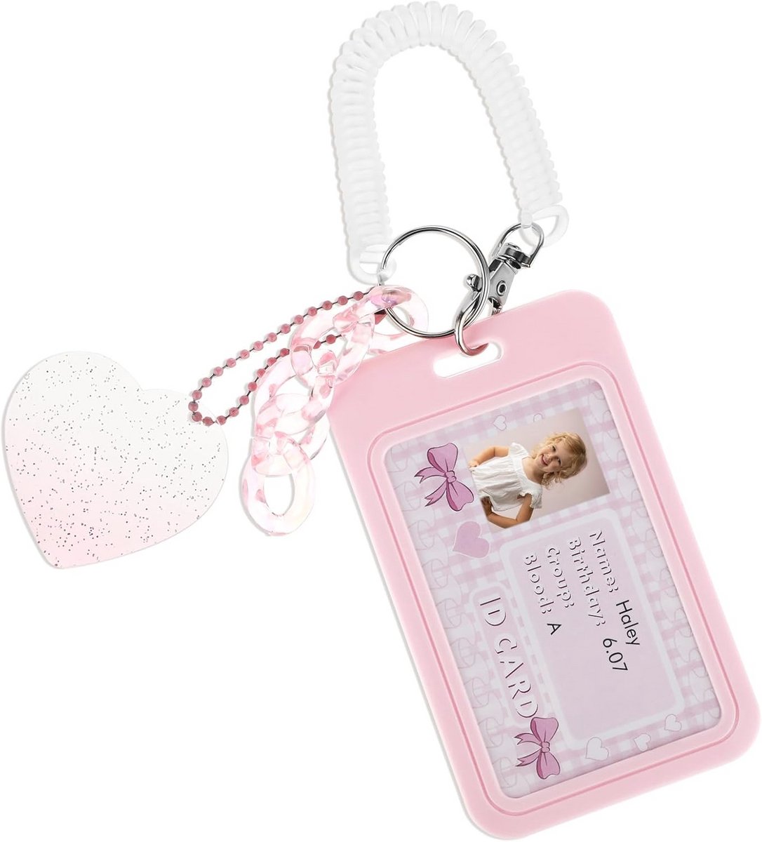 Kawaii Fotokaarthouder Hartvorm - Roze Acryl Sleutelhanger voor ID en Bankkaarten