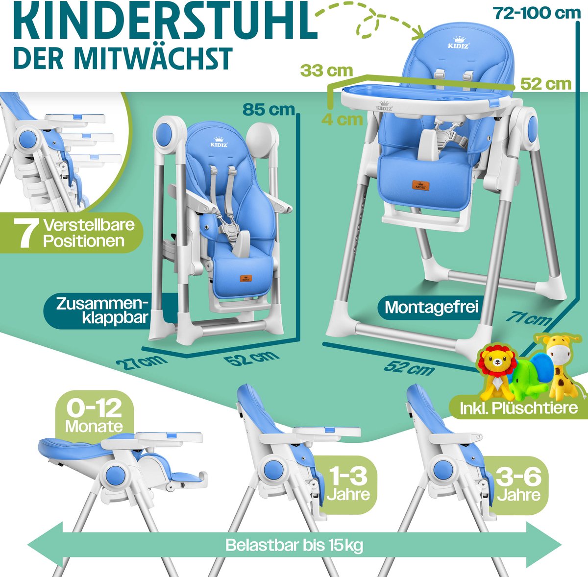 KIDIZ® 3in1 kinderstoel incl. speelbar, Eetstoel, Babystoel, combinatie kinderstoel, 7 in hoogte verstelbare rugleuning, meegroei van 0 maanden tot 6 jaar - Blauw thumbnail 4