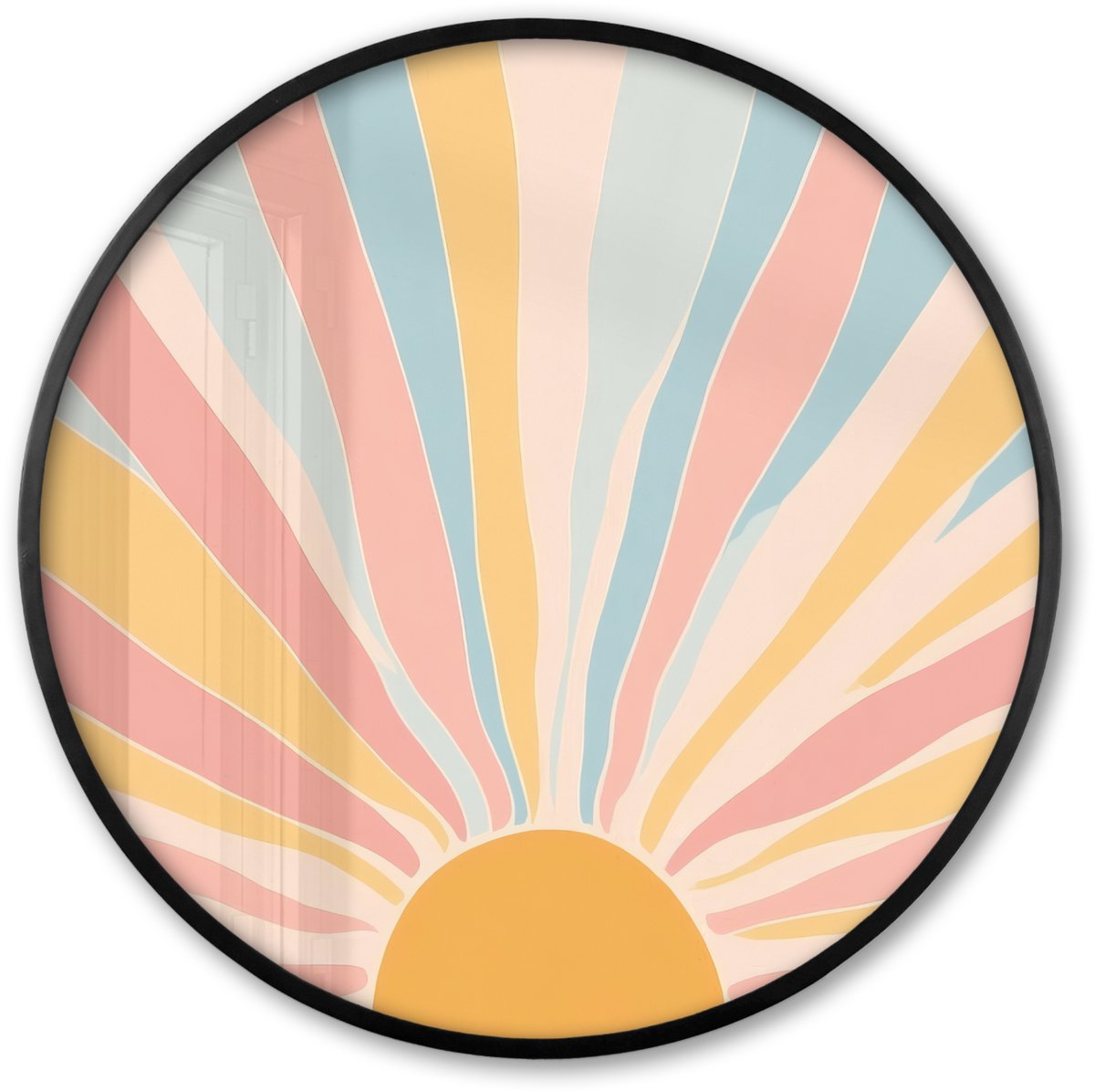 FrameYourWall Poster in lijst Rond - Fotolijst 60x60 cm - Posters - Illustratie - Zon - Pastelkleuren - Ronde posterlijst zwart - Decoratie - Wanddecoratie woonkamer - Muurdecoratie slaapkamer