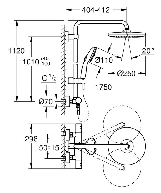 Technische tekening van een douche met maatvoering in mm: grote douchekop, handdouche, thermostaatkraan.