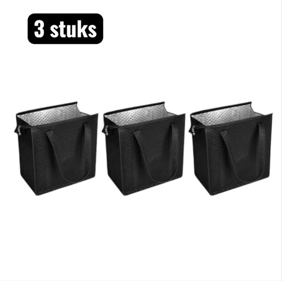 Lot de 3 sacs isothermes portables et pliables avec poignée et poche intérieure en aluminium. Idéaux pour les courses, les pique-niques et la livraison de repas. Couleur : Zwart.