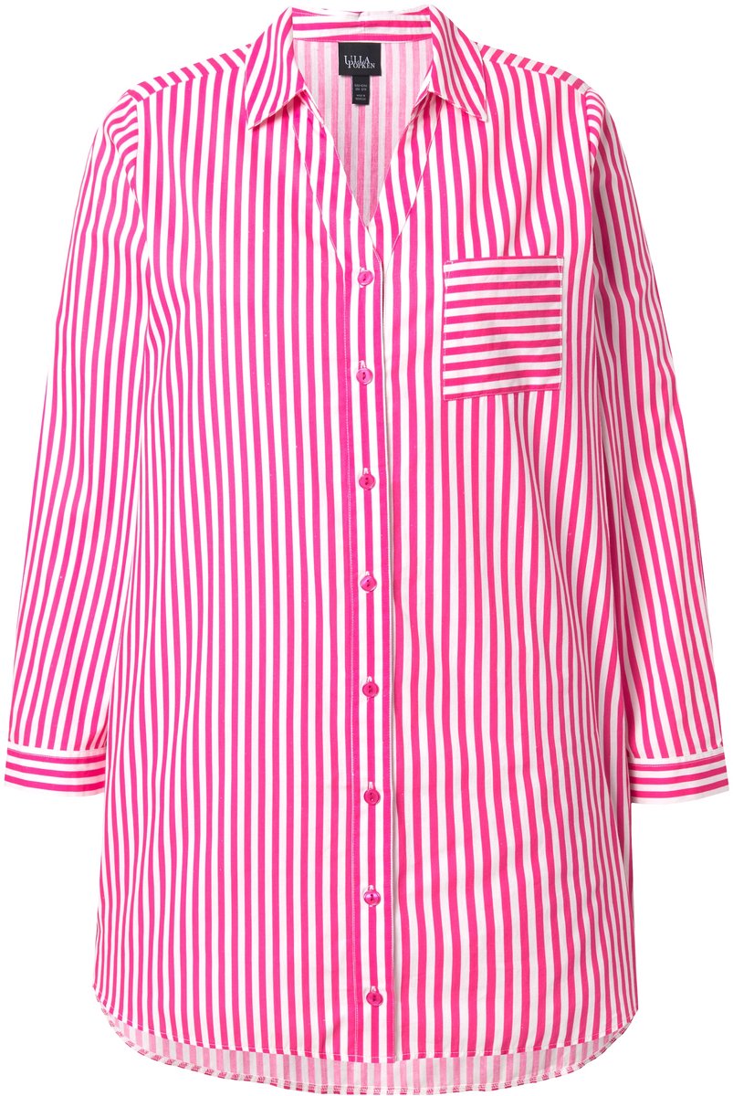 Ulla Popken - Dames - Overhemdblouse strepen overhemdkraag A-lijn lange mouw - Roze - Maat 42+