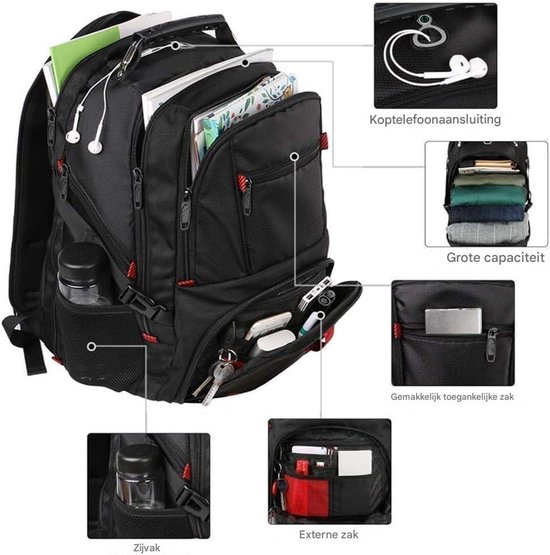 Matein Rugzak 50L Groot – Laptoprugzak voor 17 inch – Reisrugzak voor School, Werk en Reizen met USB-poort – Meerdere Vakken – Zwart
