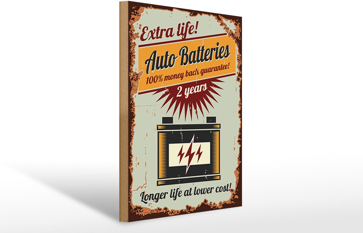Holzschild Retro 30x40cm Auto Batteries extra life