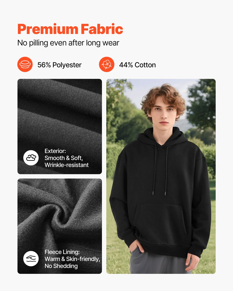 Heren Medium Pullover Hoodie, Knus Fleece Lange Mouwen Pull met Kap, Zacht en Comfortabel, Stijlvol Ontwerp met Grote Zak, Ideaal voor Koude Seizoenen, Zwart — cadeau in Cadeau-ideeën - foto 3