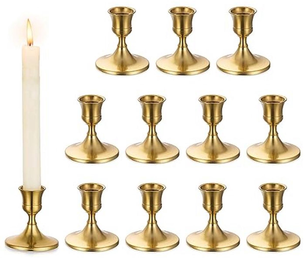 Set van 12 gouden kaarsenstandaards voor tafeldecoratie - Vintage en moderne stijl - Perfect voor bruiloften, Kerstmis en woonkamer