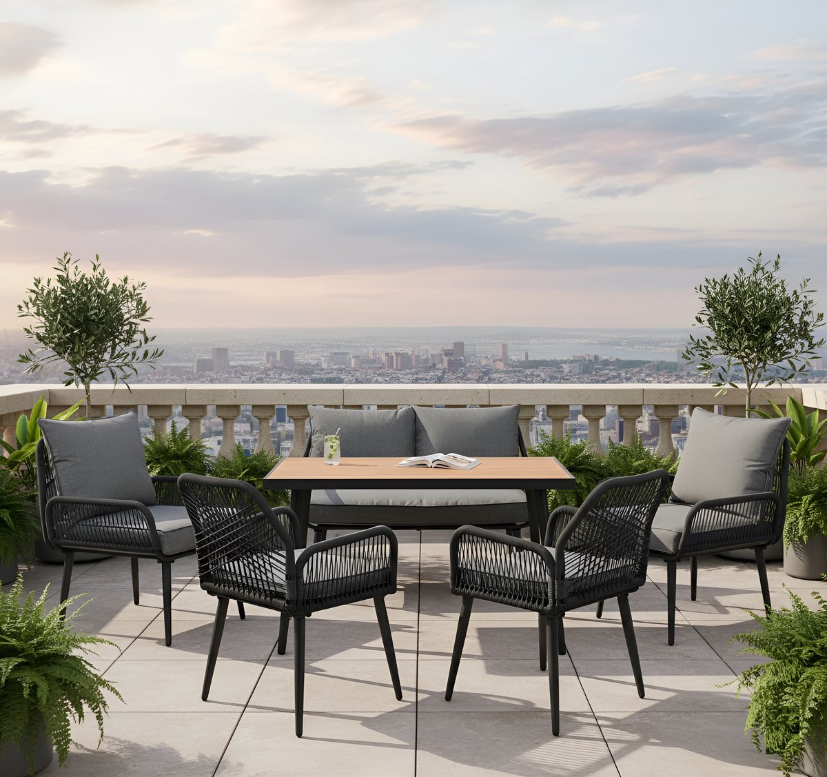 Tuin Loungeset 6 Personen XL – Outdoor Zitgroep met Bank, Stoelen & WPC Tafelblad – Weerbestendig GEVLOCHTEN Touw & Stalen Frame – Antraciet/Grijs – Afmetingen: 179 cm Diepte – Altameubel Sienna Luxe