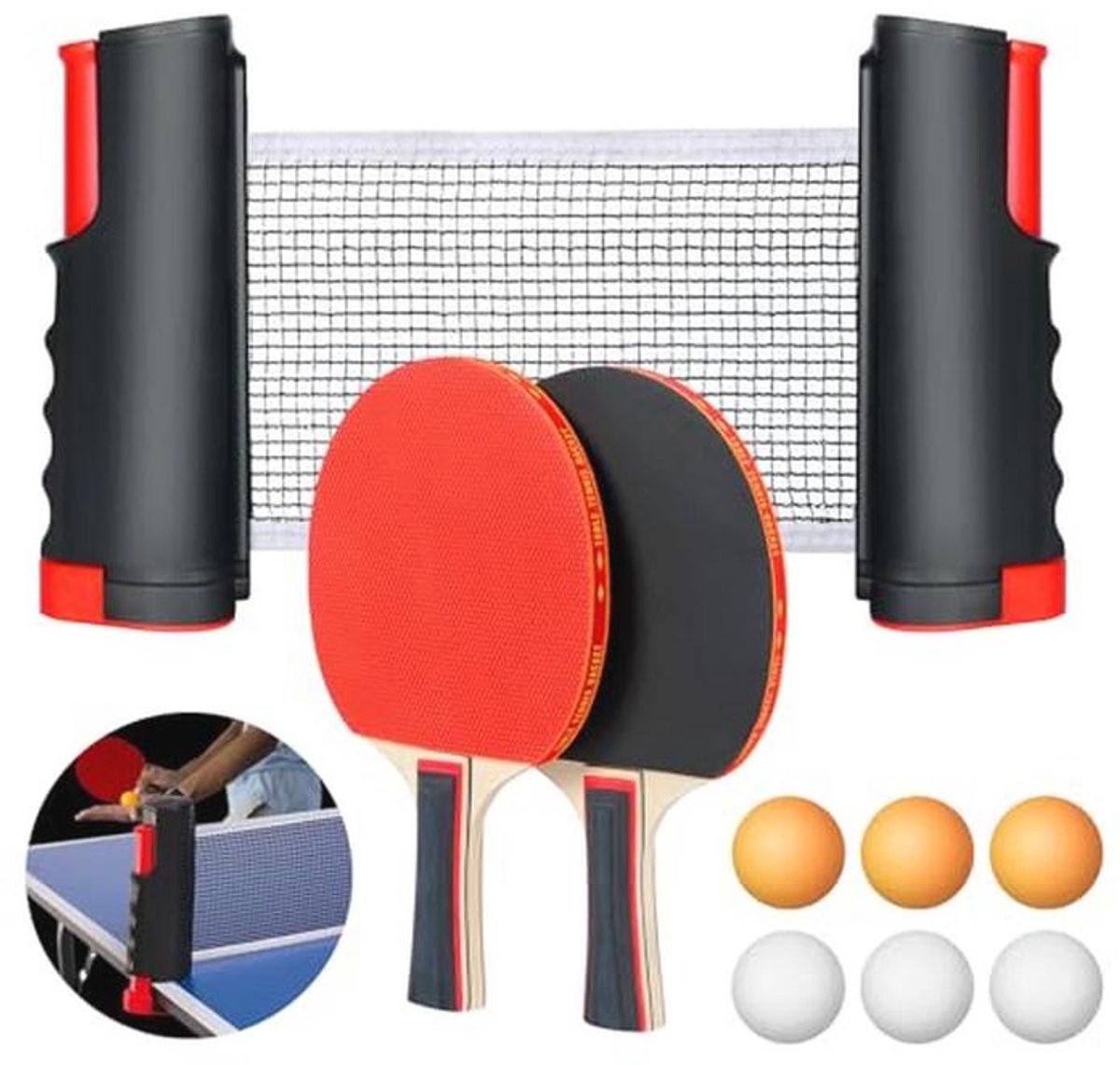 Tafeltennisbatjesset compleet met net, 2 batjes, 6 ballen en tas - Ideaal voor beginners en gevorderden