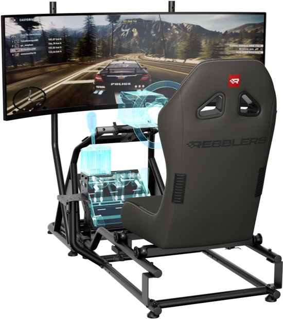 REBBLERS® SIMR 1000 Sim Racing Cockpit + TV Standaard - Verstelbare Racestoel van Formula naar GT/Rally - Antraciet