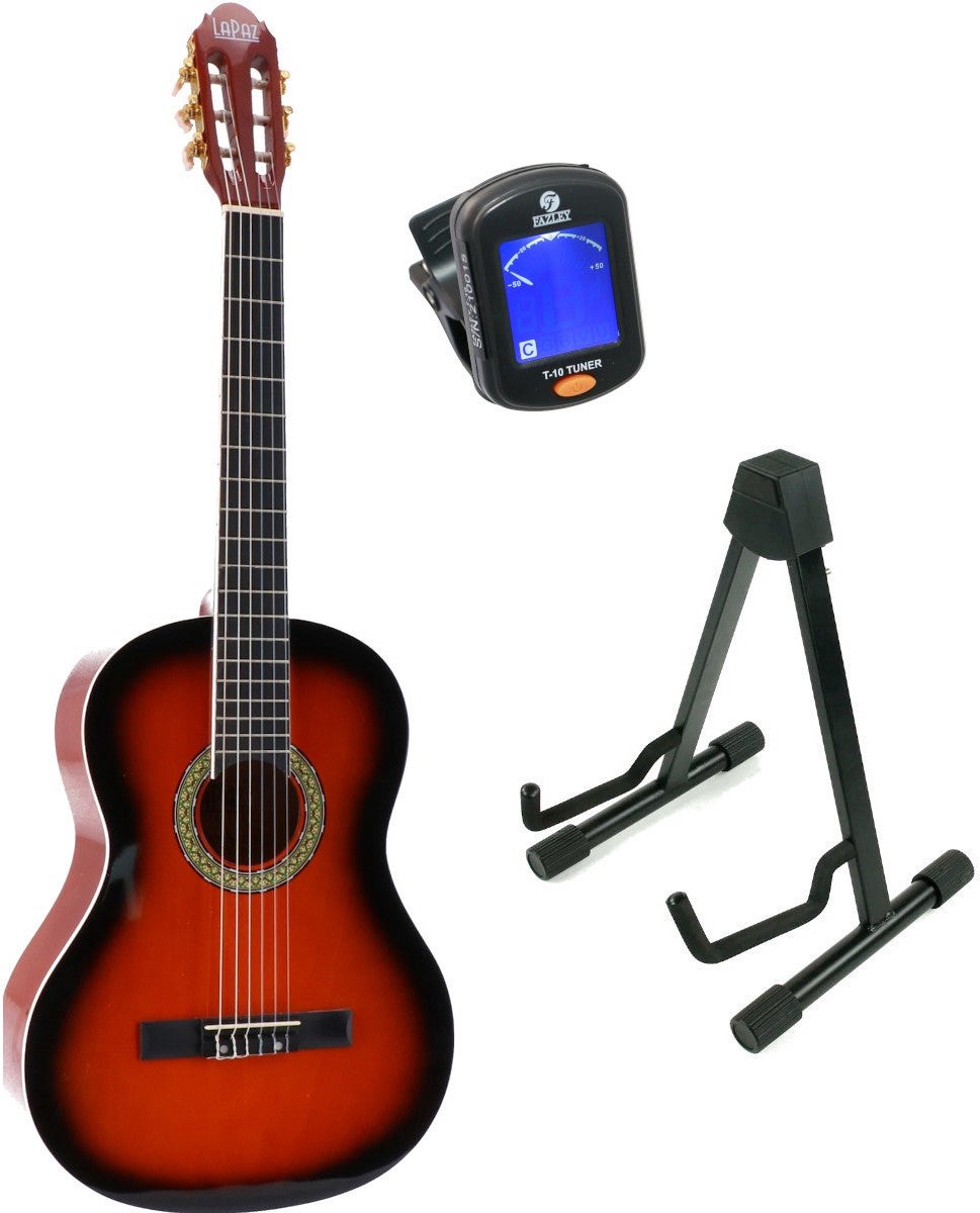 LaPaz 002 SB klassieke gitaar 4/4-formaat sunburst + statief + tuner