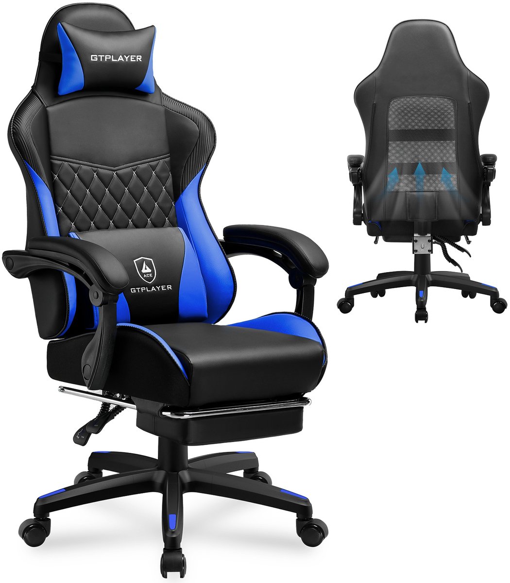 GTPLAYER - Gamingstoel Hoge Rugleuning - Met Voetsteun en Afneembare Hoes - Blauw