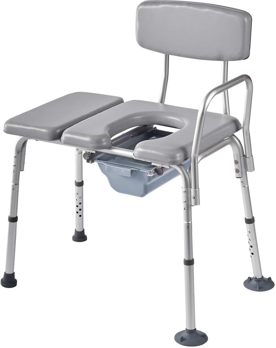 4-in-1 Nachttafel Commode Stoel, 227 kg Draagvermogen, Draagbare Toilet Met Gepolsterde Zitting en Rugleuning, Verwijderbare 5 L Emmer, Instelbare Hoogte Stoel voor Ouderen en Volwassenen