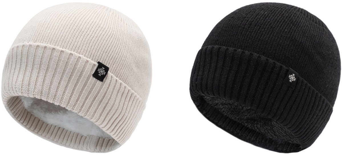 2 Stukken Winter Beanie Muts Heren Dames – Gebreide Muts met Fleece Voering – One Size –Wit + Zwart