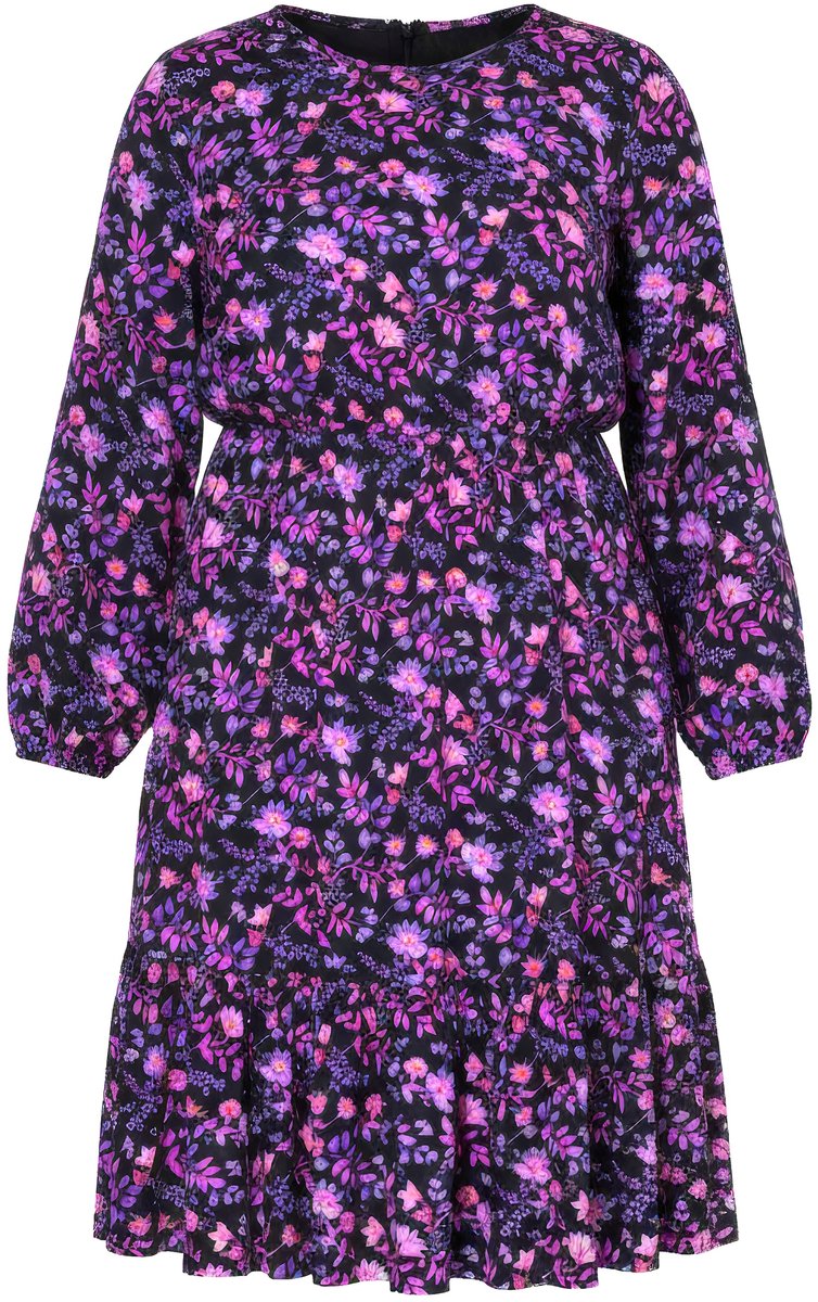 Angel of Style - Dames - Midi-jurk A-lijn bloemmotief lange mouw volant - Zwart - Maat 42