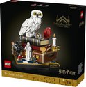 LEGO Harry Potter-doos met uil op boeken, minifiguren en Harry Potter-logo.
