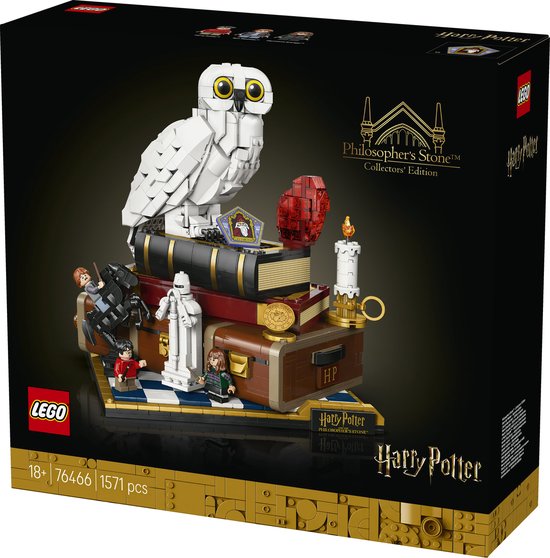 LEGO Harry Potter-doos met uil op boeken, minifiguren en Harry Potter-logo.