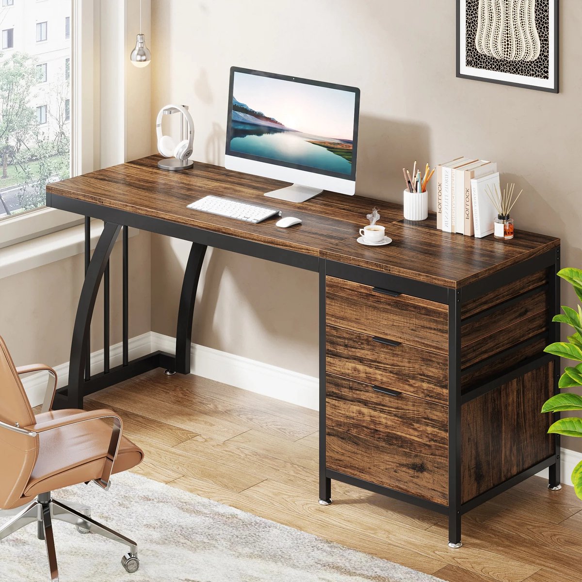 Lunekiss industrieel computerbureau met 3 lades – 150×50×75 cm rustiek bruin werkstation
