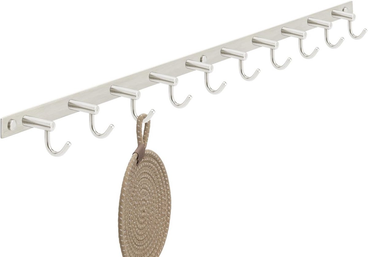 RVS Kapstok Haakstrip met 10 Haken - Geborsteld Staal voor Wandmontage