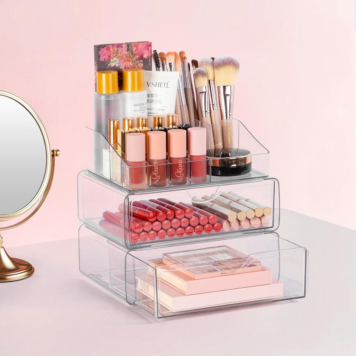 Grote Make-up Organizer met Vakken en 2 Laden, Transparant Acryl
