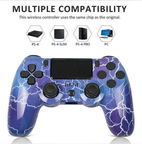 Draadloze controller met blauw en paars bliksemontwerp, compatibel met PS-4, PS-4 Slim, PS-4 Pro en PC.